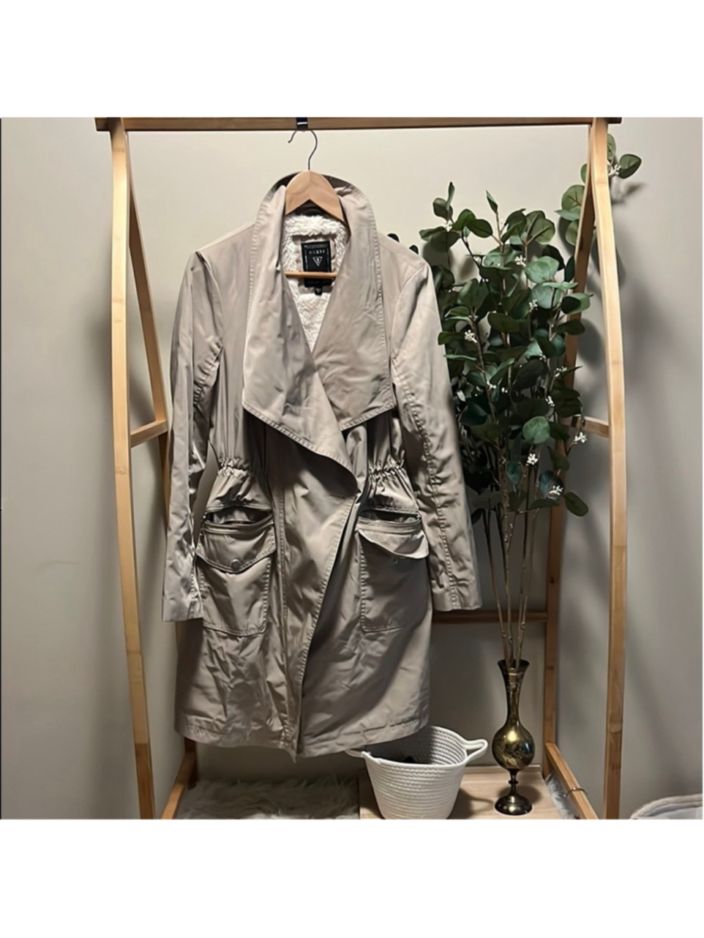 Guess Used Tan Drawstring Waist Lined Trench Coat